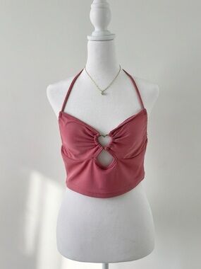 Dusty Rose Heart Cutout Halter Top Ribbed Stretch Crop Top Y2K Pink